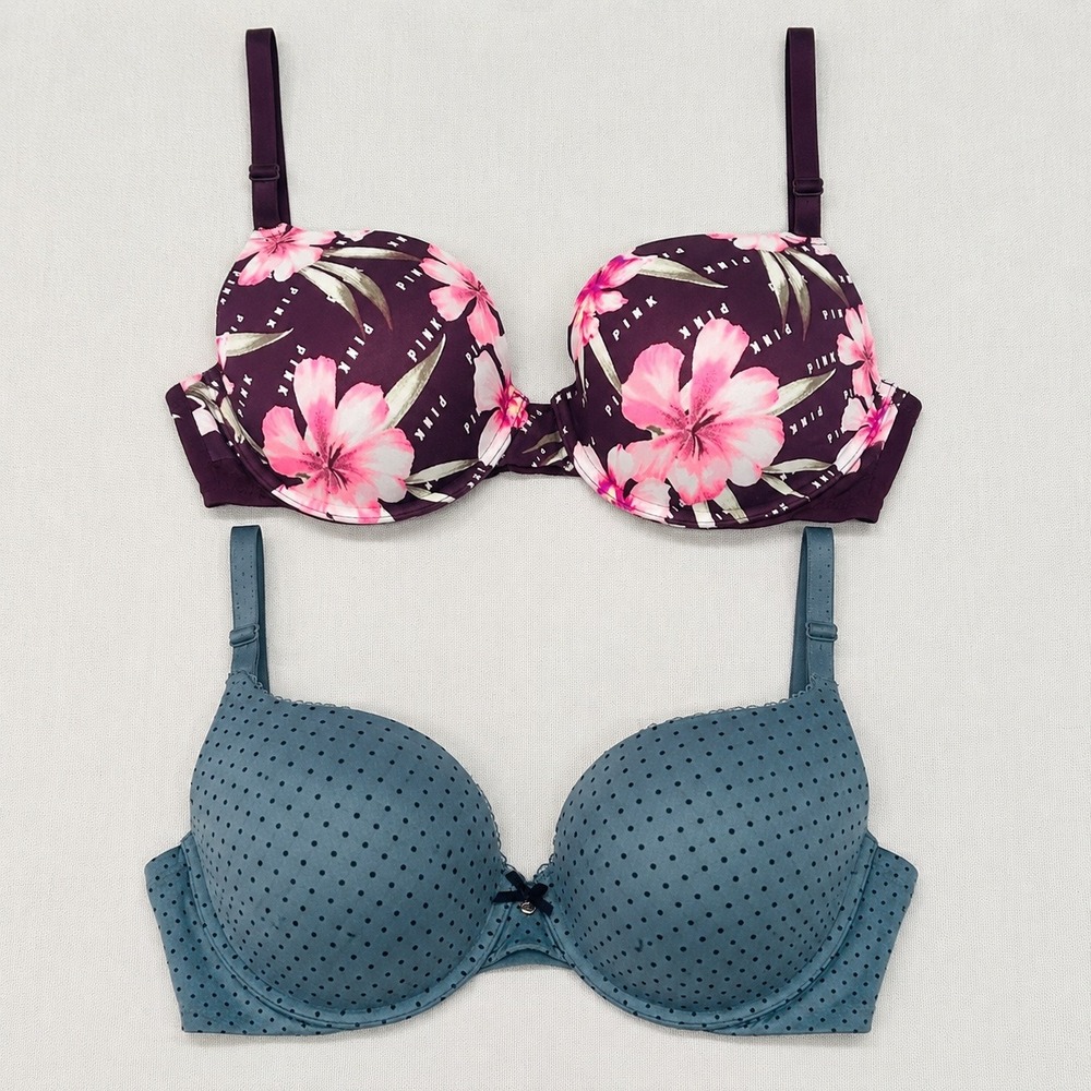 Lot of 2 Victoria's Secret Bra Bundle 34DD PINK Floral Perfect Shape Polka Dot